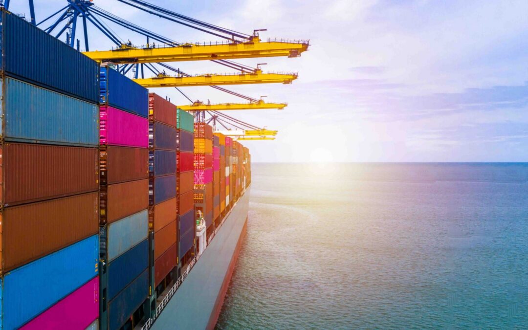 Container ship carrying container box in import export with quay