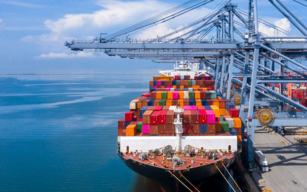 Aerial view container cargo ship in import export global busines