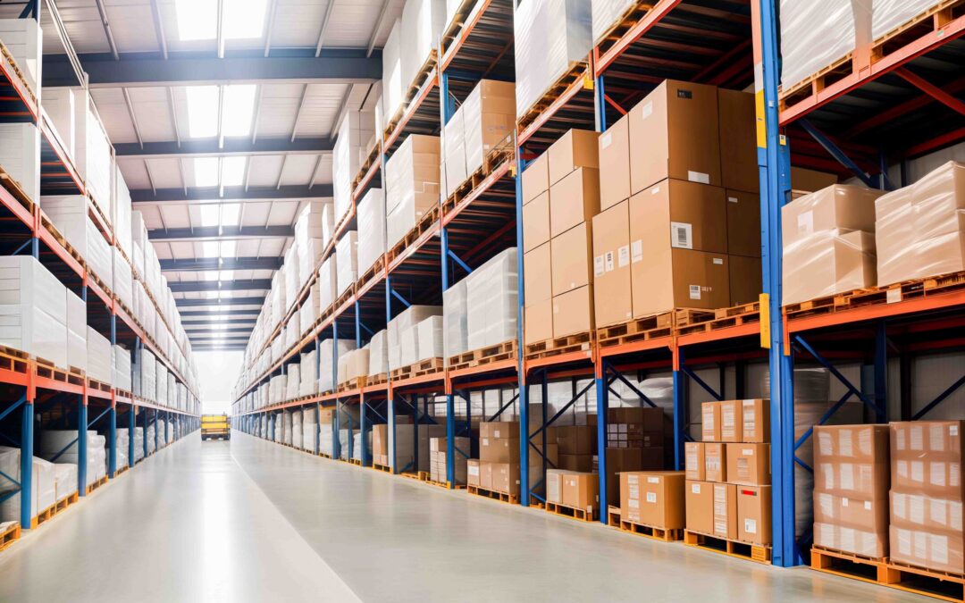 Rows of a modern large warehouse of goods. Generative AI.