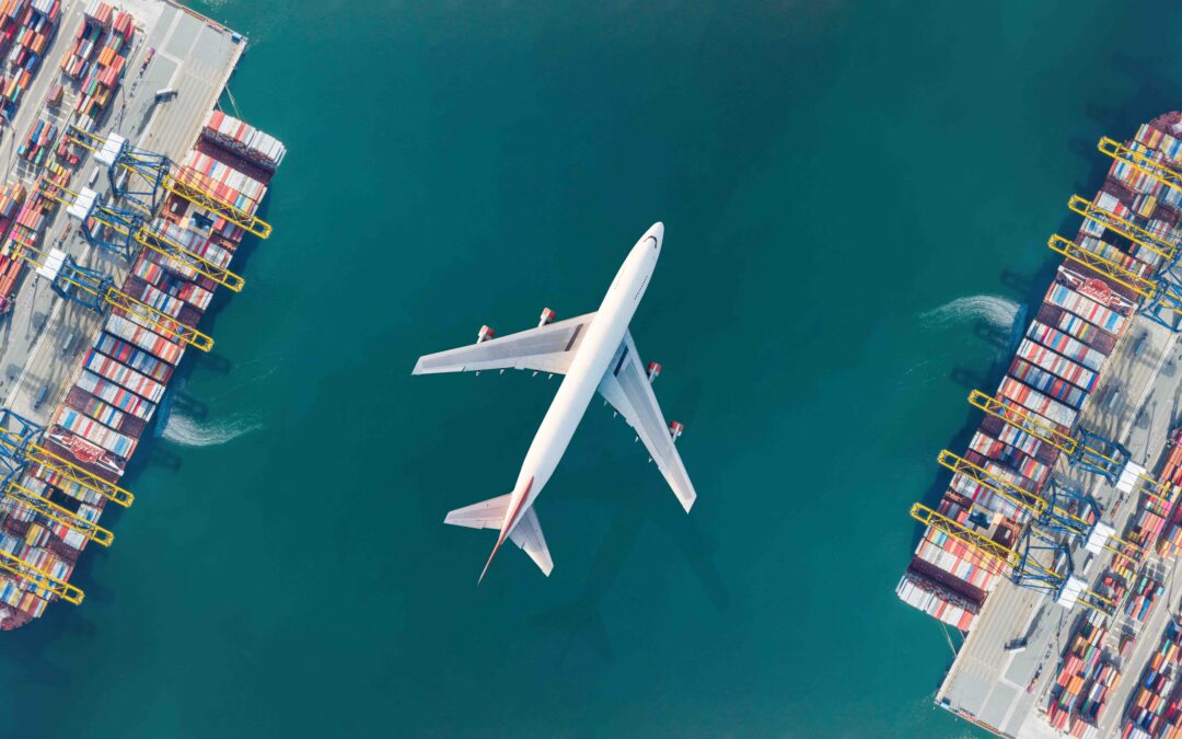 Aerial top view of Container ship loading and unloading, Cargo c