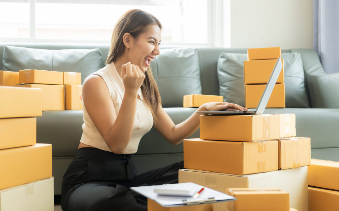 Online Selling BusinessSuccessful Asian Woman Smiling, Glad, Working From Home With Parcel Box And Laptop Online Order With Delivery SmE Business Ideas